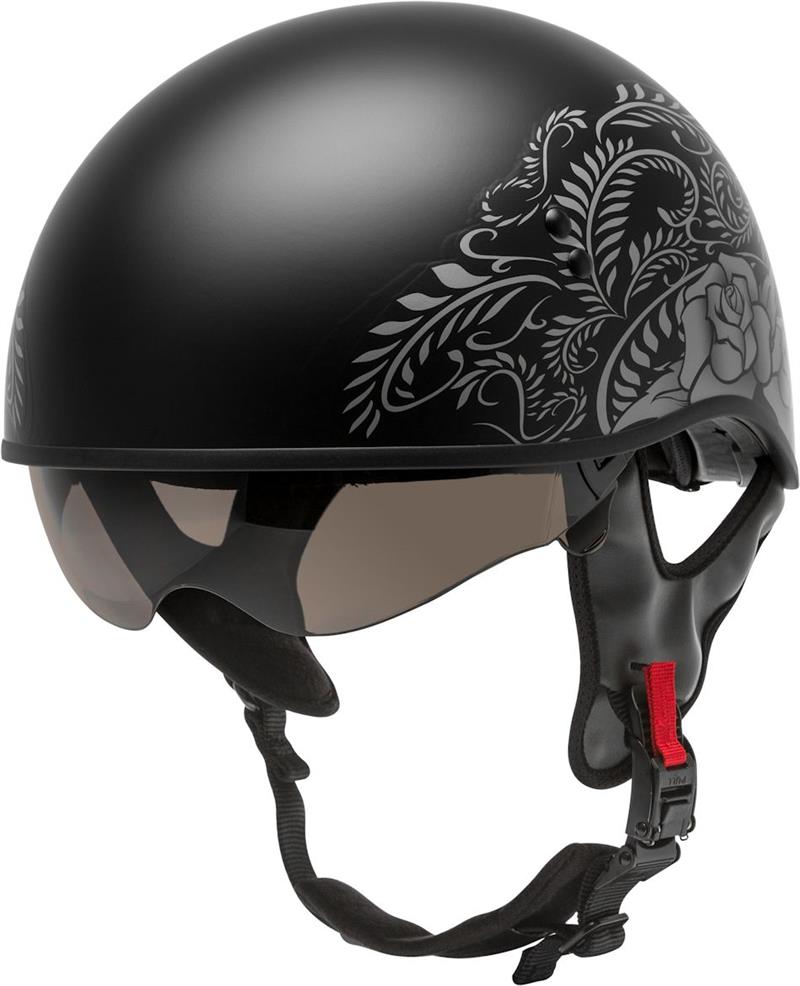 Gmax Hh-65 Half Helmet Rose Naked Matte Black/Silver Lg 